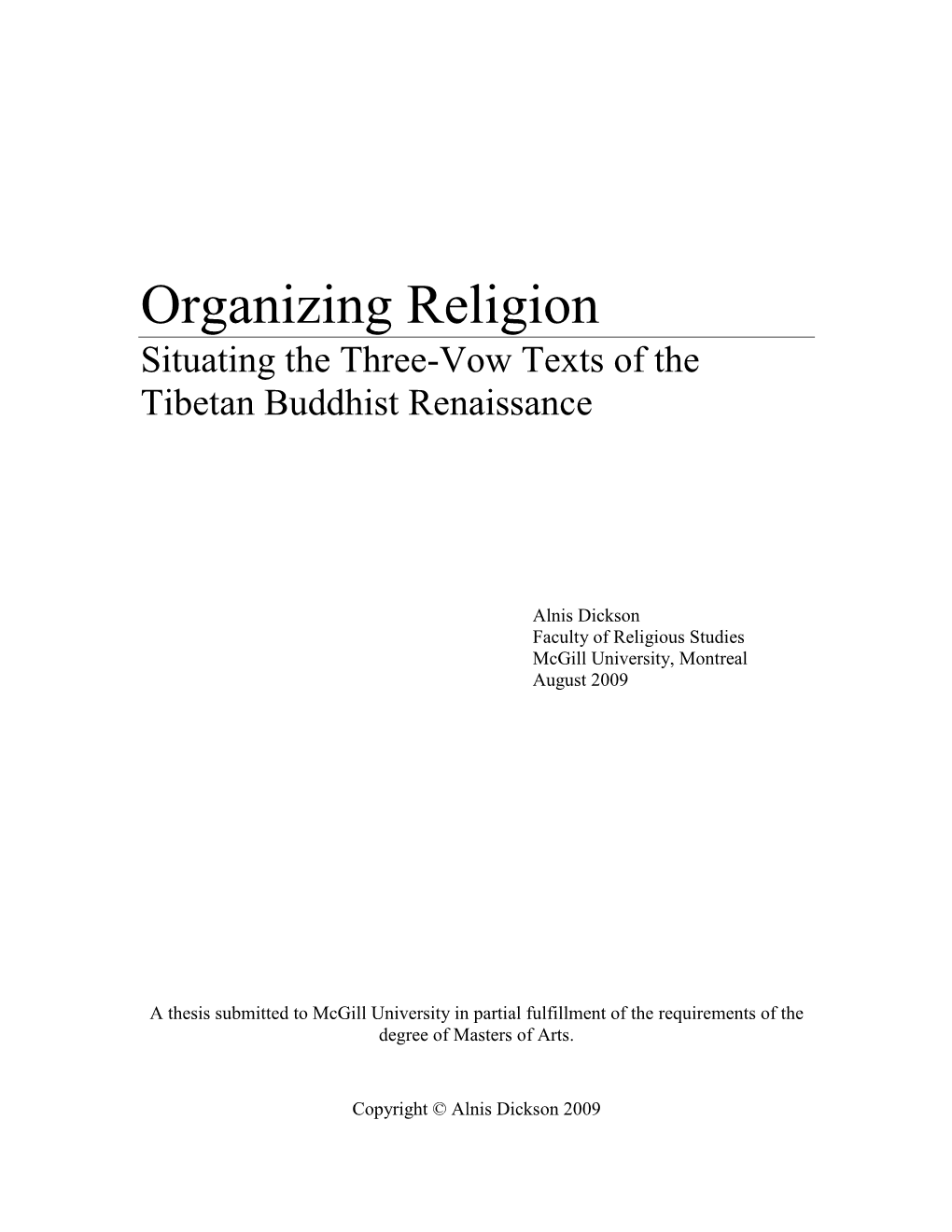 Organizing Religion Situating the Three-Vow Texts of the Tibetan Buddhist Renaissance