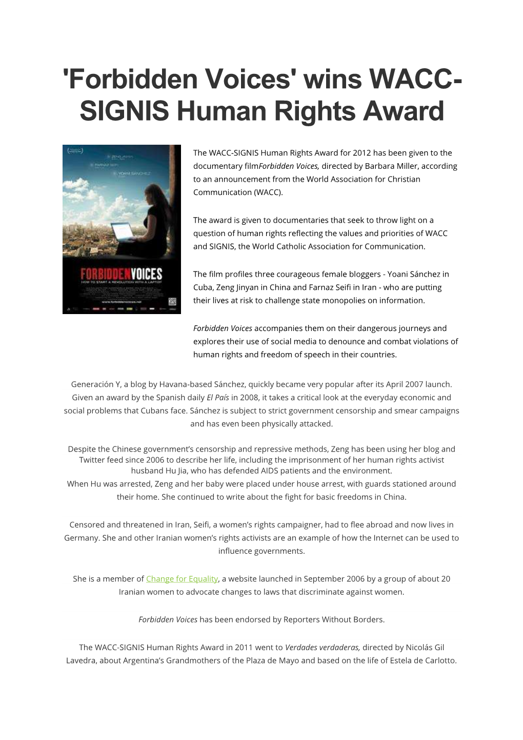 'Forbidden Voices' Wins WACC- SIGNIS Human Rights Award