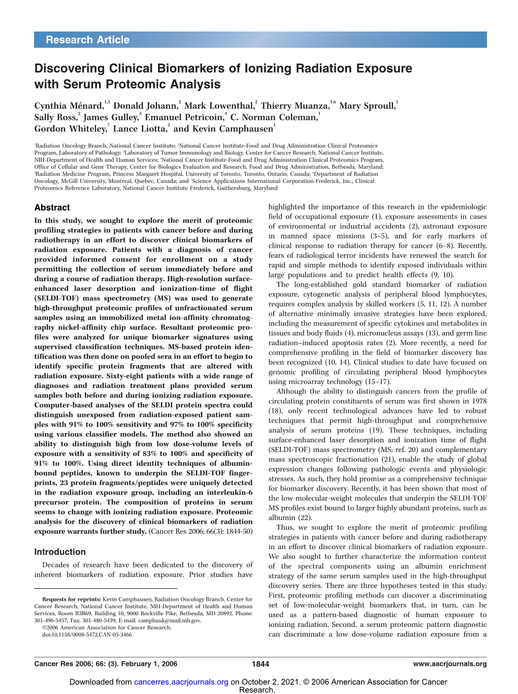 Discovering Clinical Biomarkers of Ionizing Radiation Exposure with Serum Proteomic Analysis