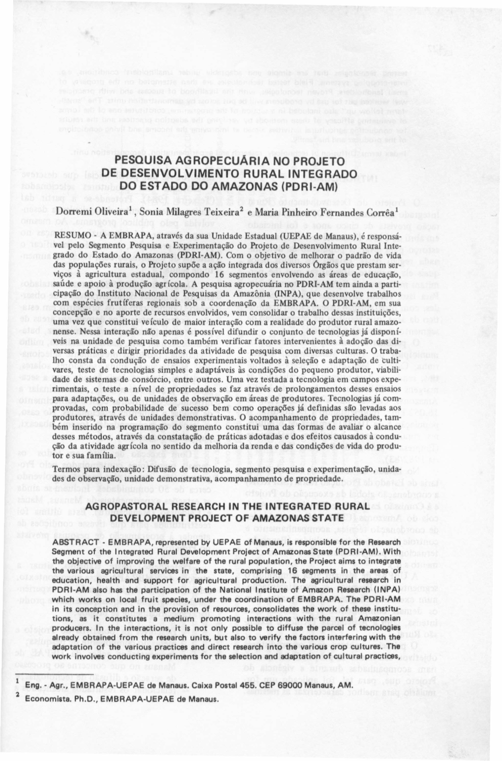 Pesquisa Agropecuaria No Projeto De Desenvolvimento Rural Integrado Do Estado Do Amazonas (Pdri-Am)