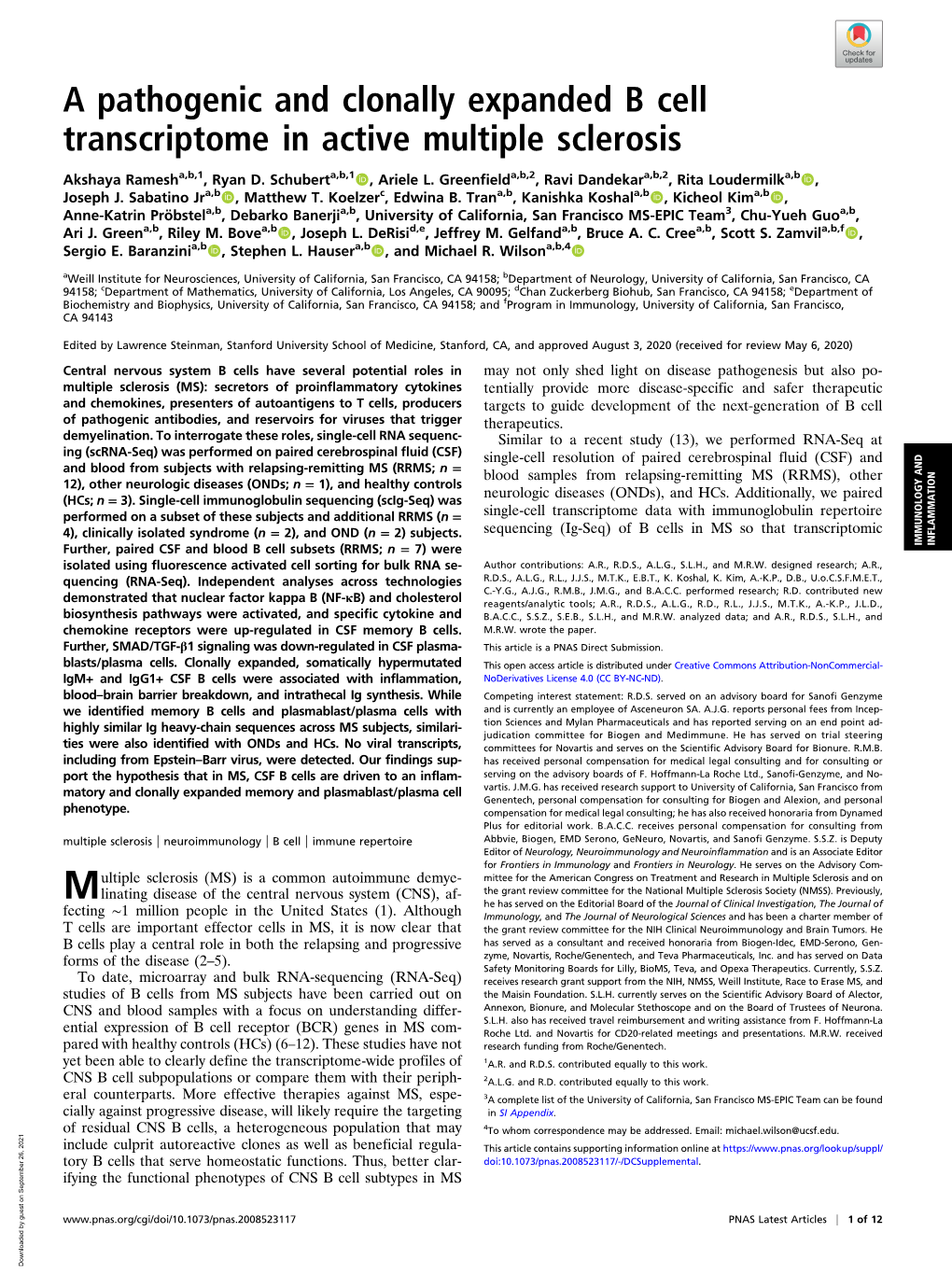 A Pathogenic and Clonally Expanded B Cell Transcriptome in Active Multiple Sclerosis