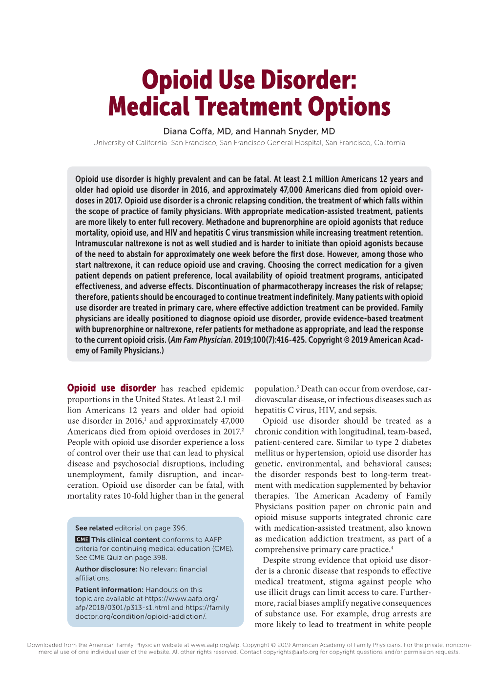 Opioid Use Disorder: Medical Treatment Options