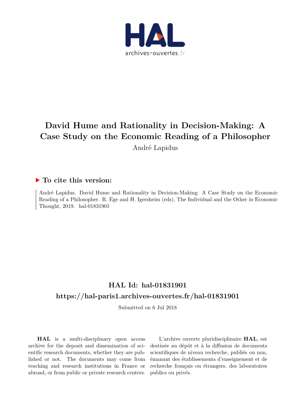 David Hume and Rationality in Decision-Making: a Case Study on the Economic Reading of a Philosopher André Lapidus