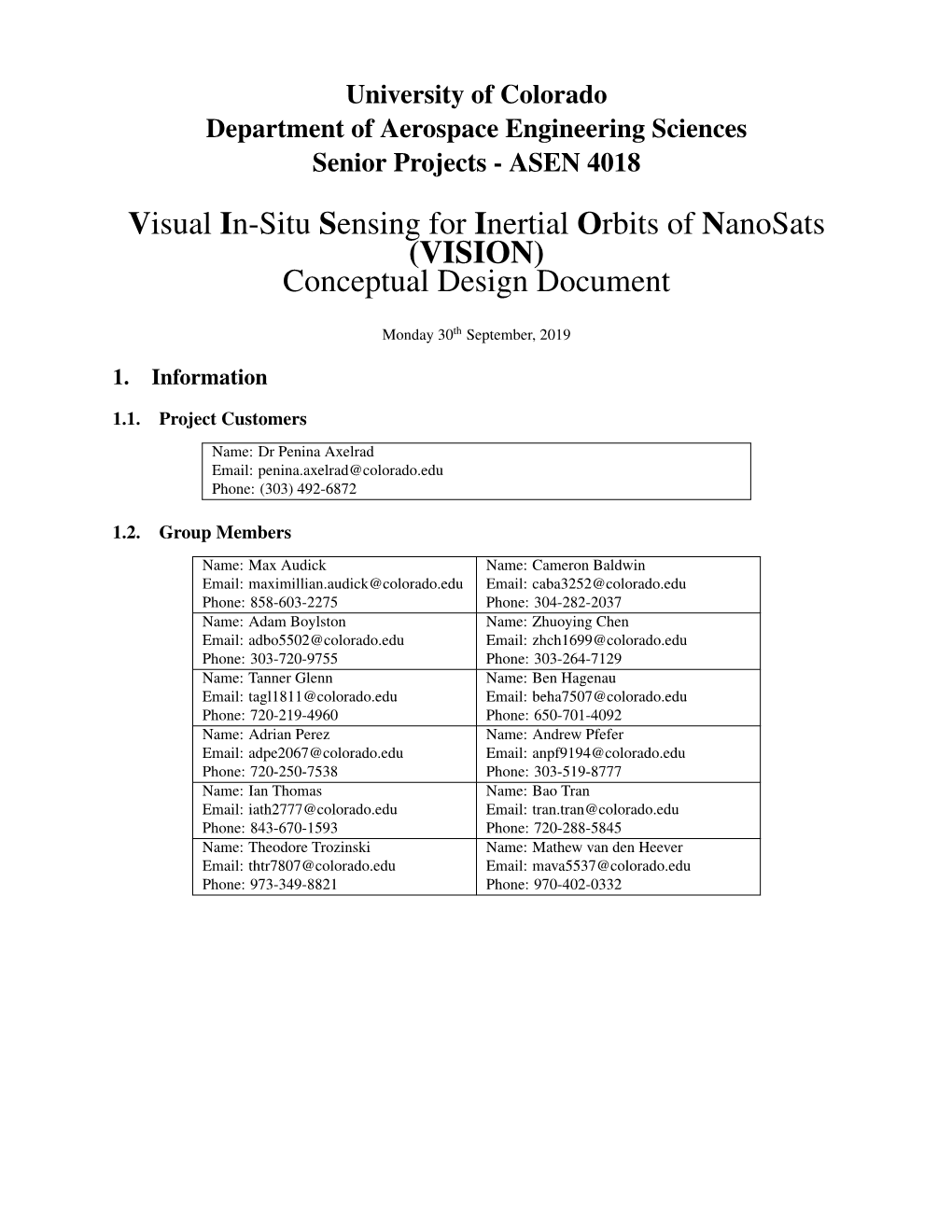 Visual In-Situ Sensing for Inertial Orbits of Nanosats (VISION) Conceptual Design Document