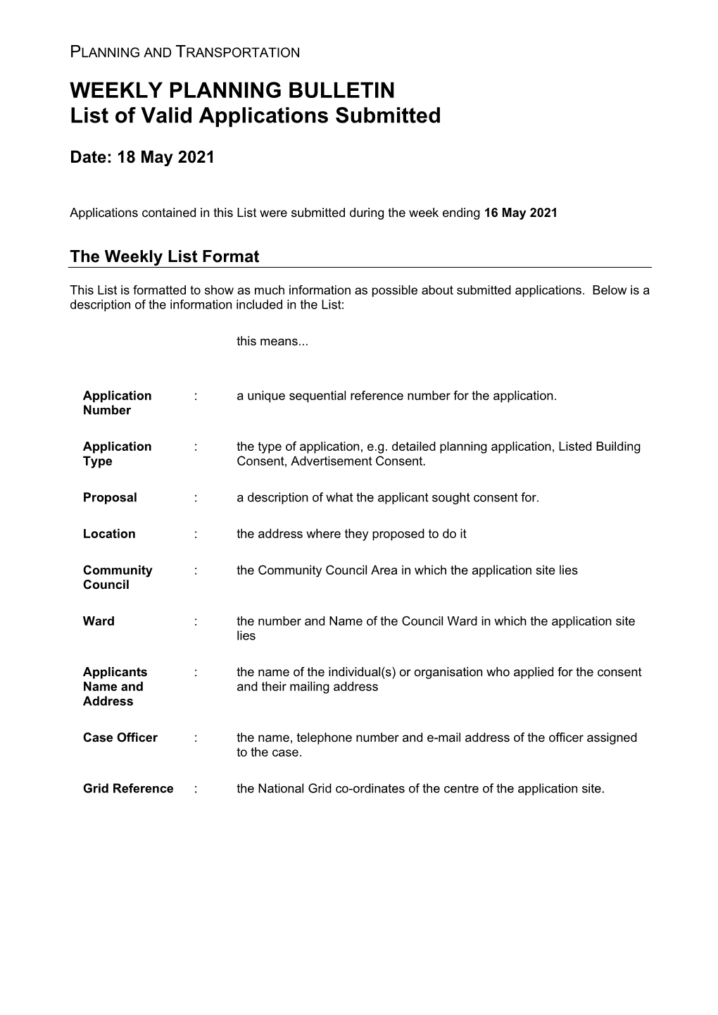 Planning Applications Received 16 May 2021