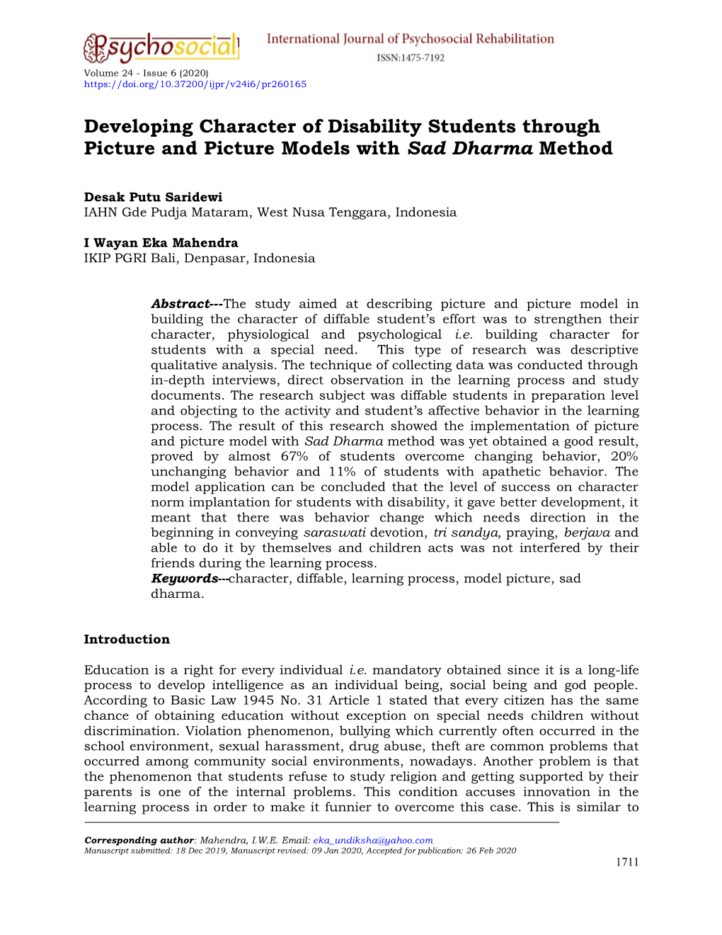 Developing Character of Disability Students Through Picture and Picture Models with Sad Dharma Method