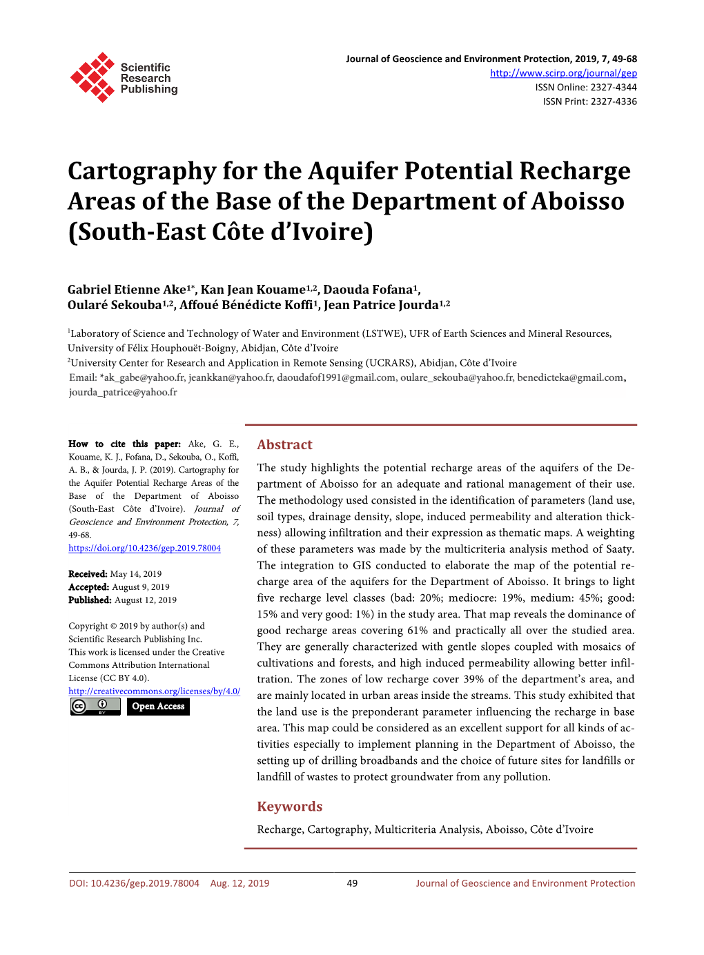 Cartography for the Aquifer Potential Recharge Areas of the Base of the Department of Aboisso (South-East Cote D'ivoire)