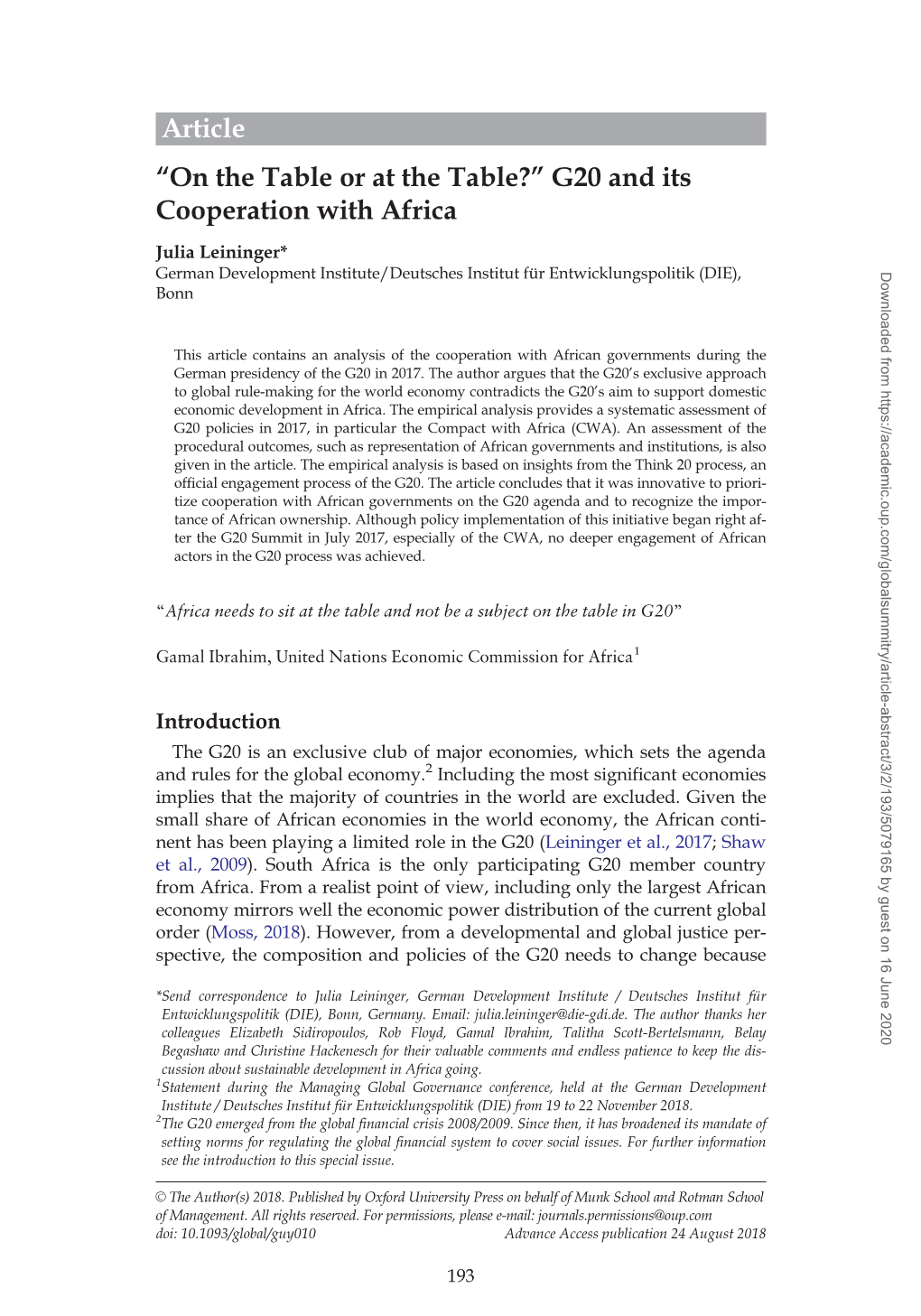 G20 and Its Cooperation with Africa