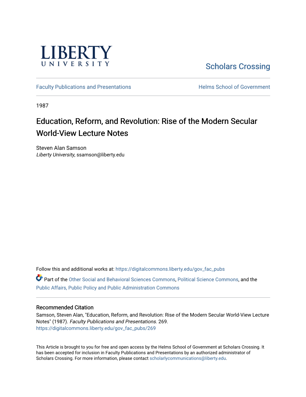 Education, Reform, and Revolution: Rise of the Modern Secular World-View Lecture Notes