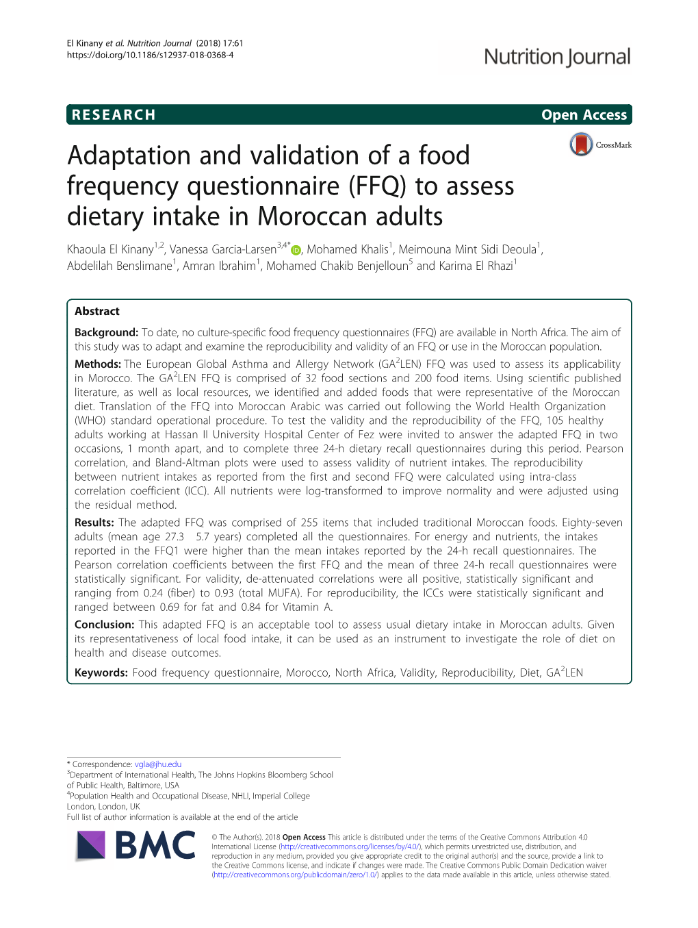 Adaptation and Validation of a Food Frequency