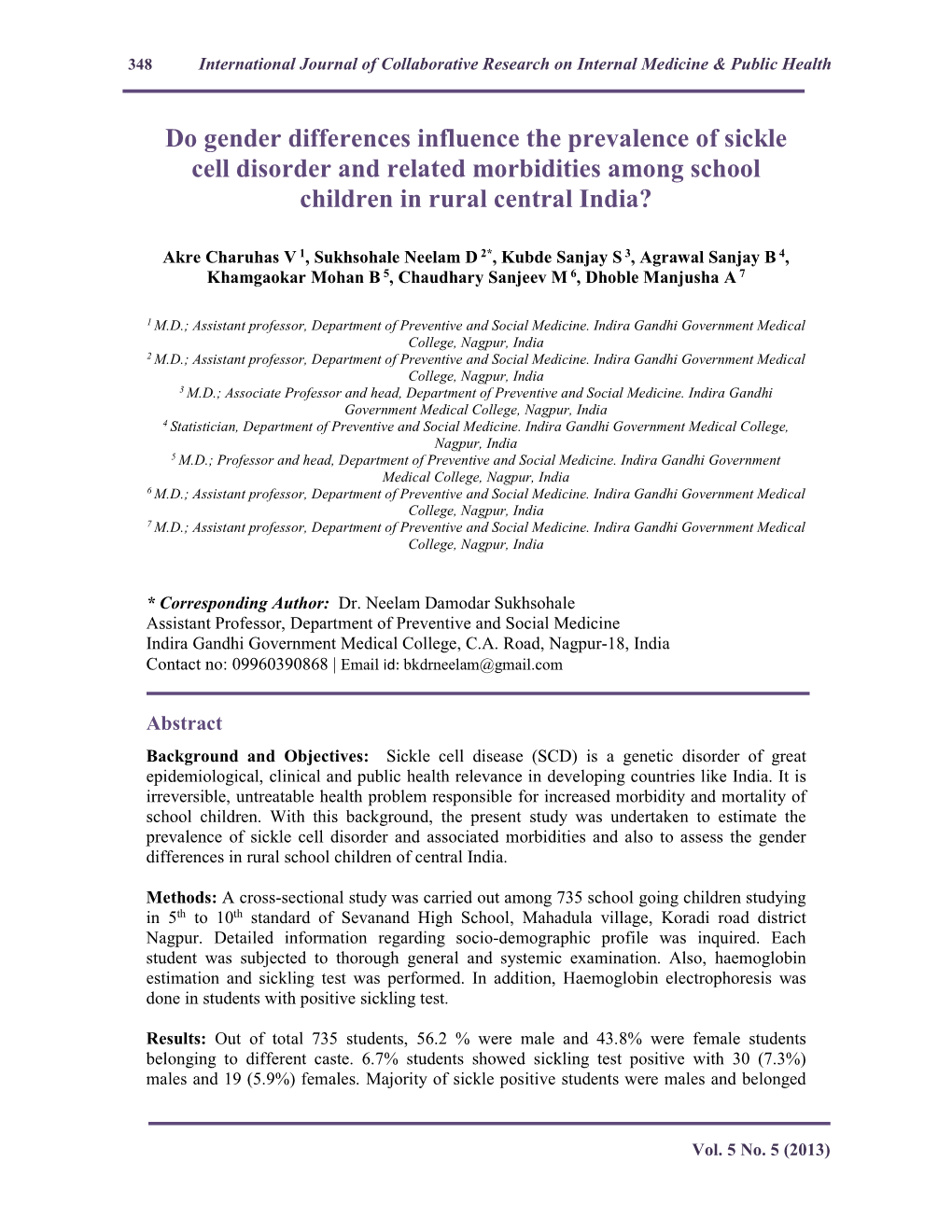 Do Gender Differences Influence the Prevalence of Sickle Cell Disorder and Related Morbidities Among School Children in Rural Central India?