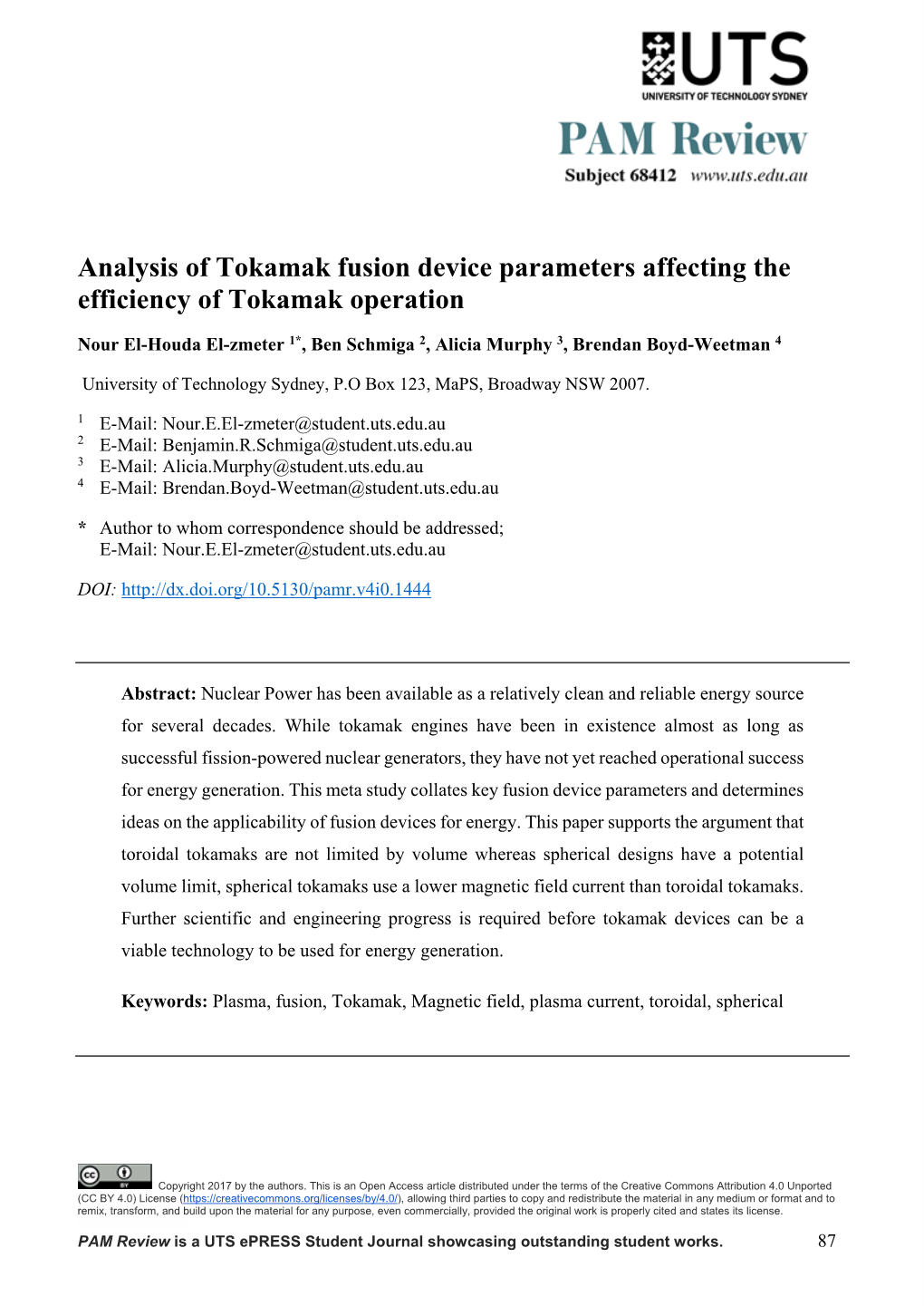 Analysis of Tokamak Fusion Device Parameters Affecting the Efficiency of Tokamak Operation