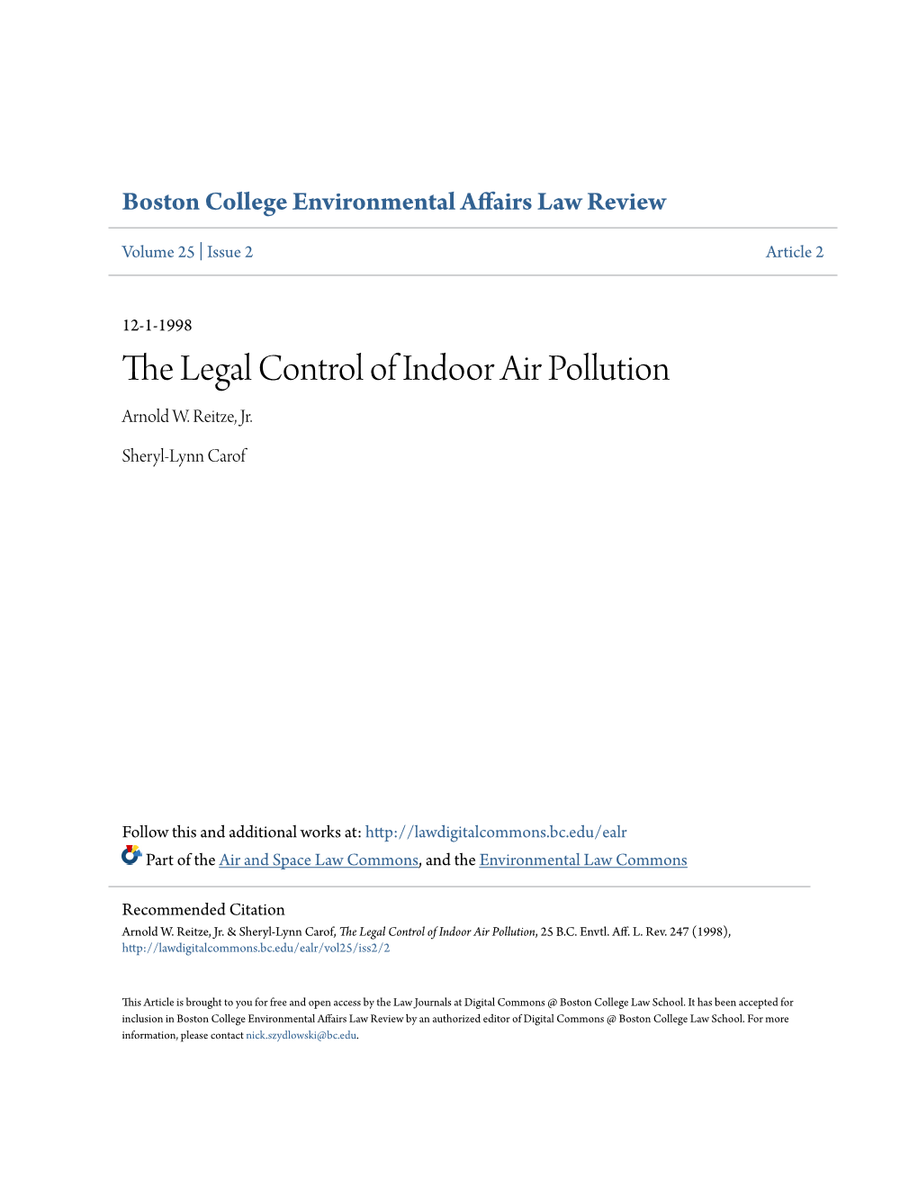 The Legal Control of Indoor Air Pollution Arnold W