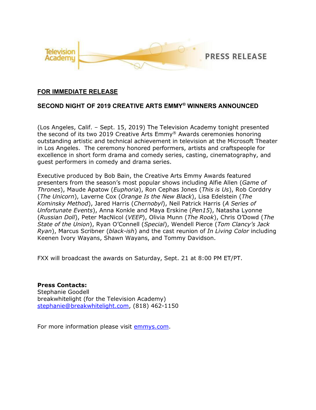 For Immediate Release Second Night of 2019 Creative Arts Emmy® Winners Announced