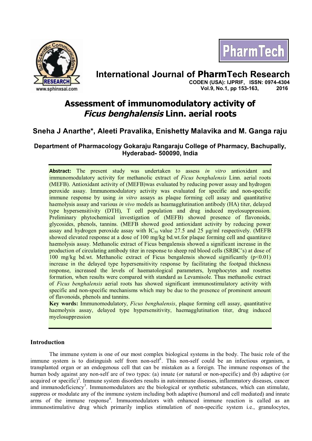 Assessment of Immunomodulatory Activity of Ficus Benghalensis Linn