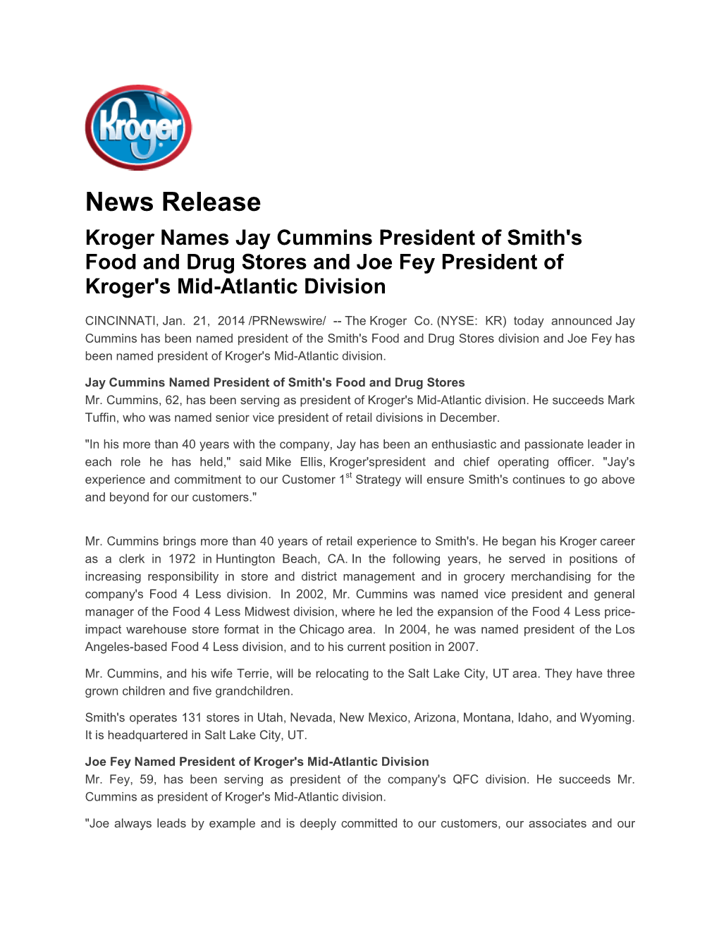 Kroger Names Jay Cummins President of Smith's Food and Drug Stores and Joe Fey President of Kroger's Mid-Atlantic Division