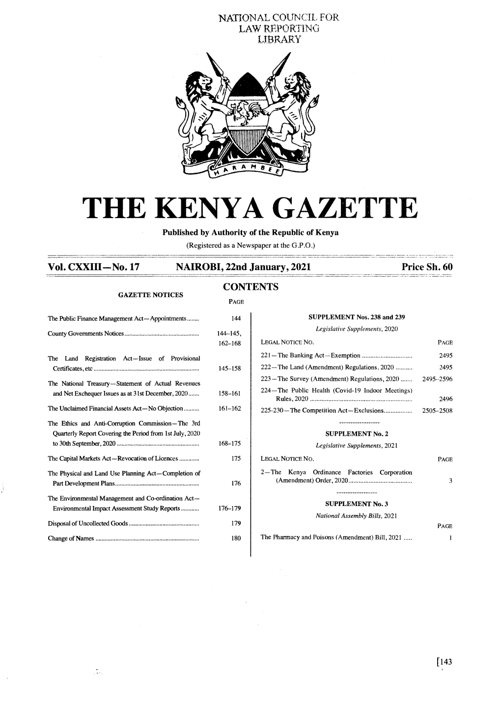 THE KENYA GAZETTE Published by Authority of the Republic of Kenya (Registered As a Newspaper at the G.P.O.) � Vol