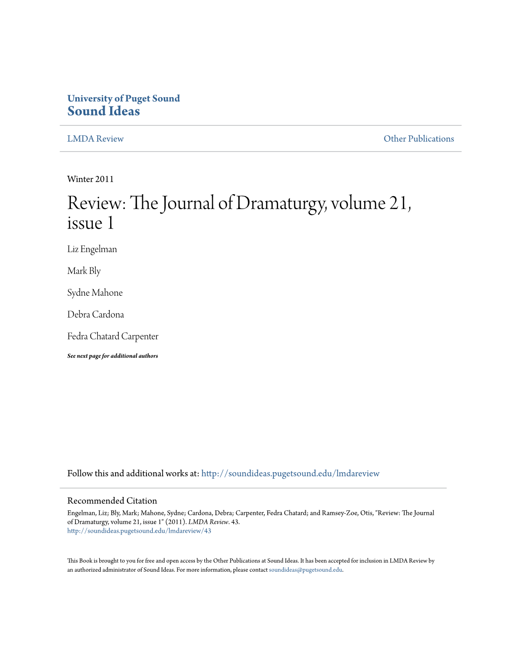 Review: the Journal of Dramaturgy, Volume 21, Issue 1