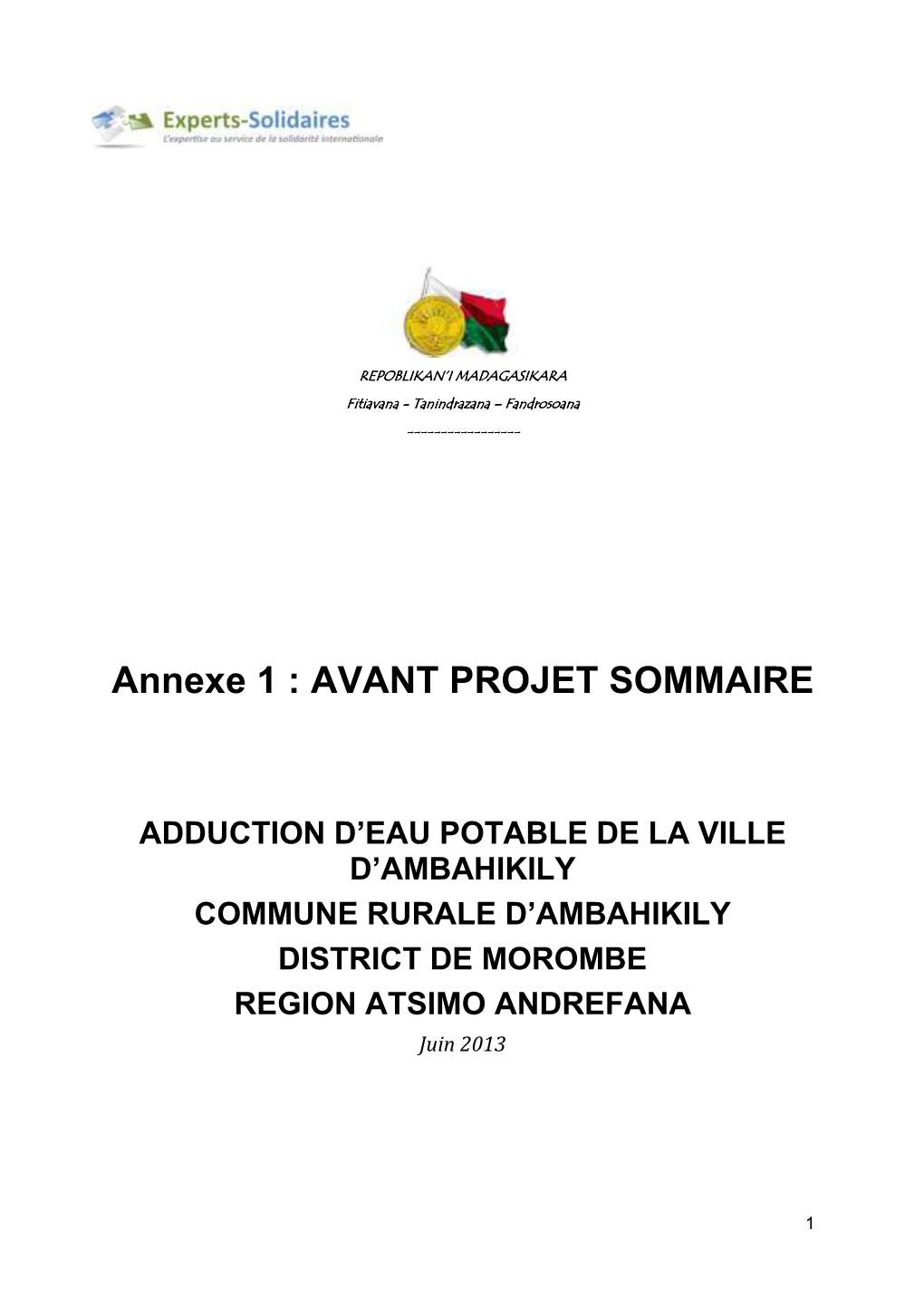 Annexe 1, Etude D'aps Du Projet D'ambahikily