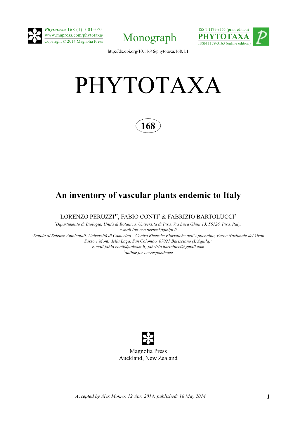 An Inventory of Vascular Plants Endemic to Italy