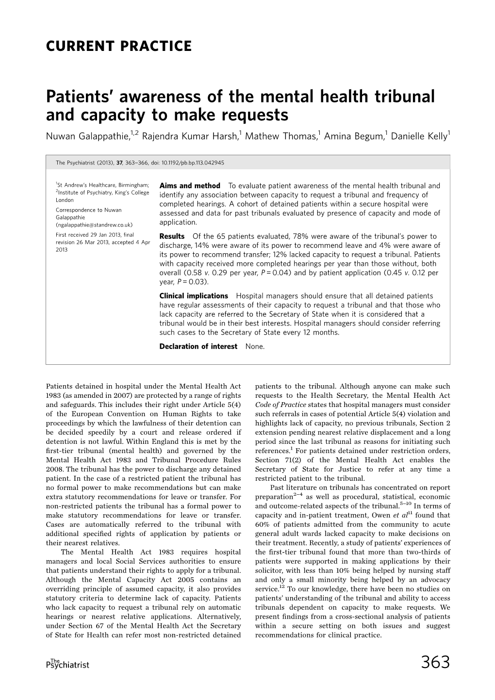 Patients' Awareness of the Mental Health Tribunal and Capacity To