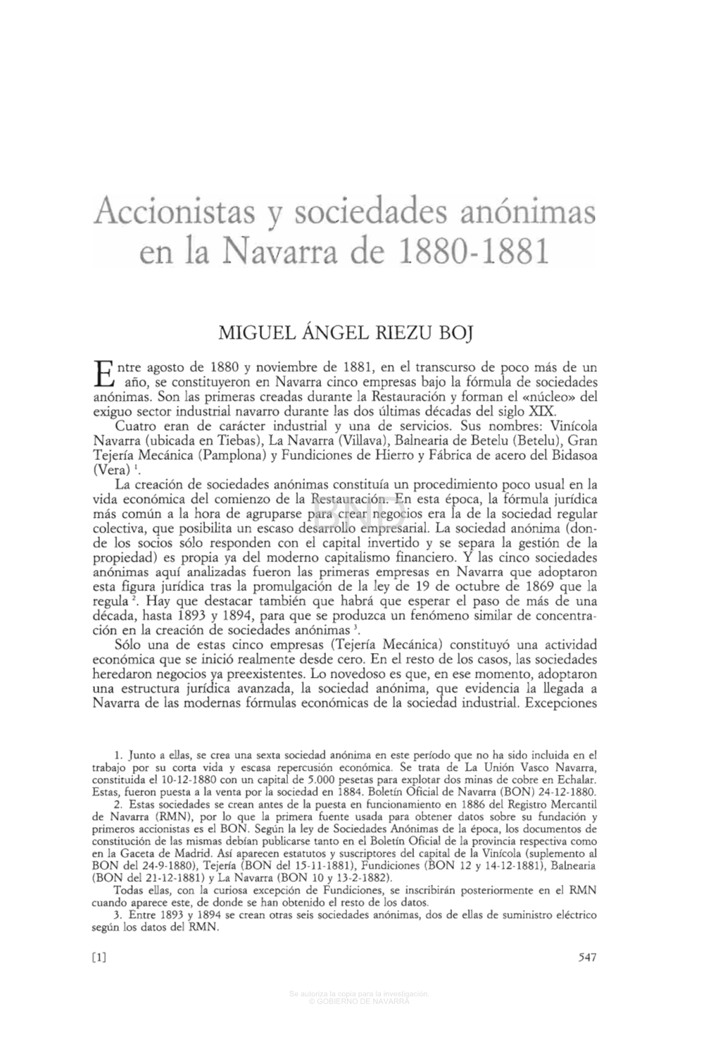 Accionistas Y Sociedades Anónimas En La Navarra De 1880-1881