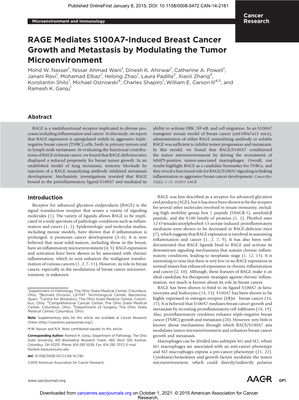 RAGE Mediates S100A7-Induced Breast Cancer Growth and Metastasis by Modulating the Tumor Microenvironment Mohd W