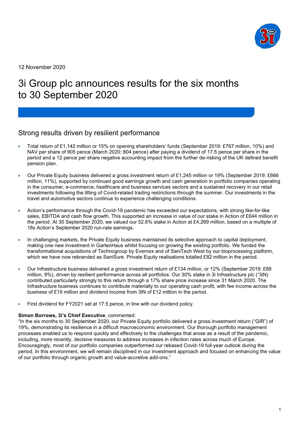 3I Group Plc Announces Results for the Six Months to 30 September 2020