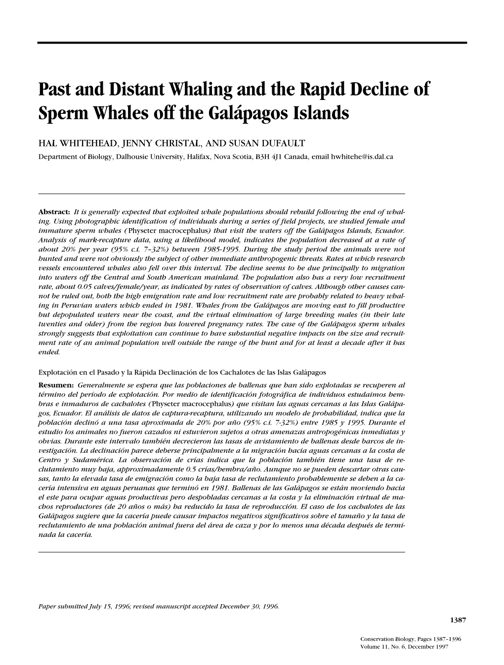 Past and Distant Whaling and the Rapid Decline of Sperm Whales Off the Galápagos Islands