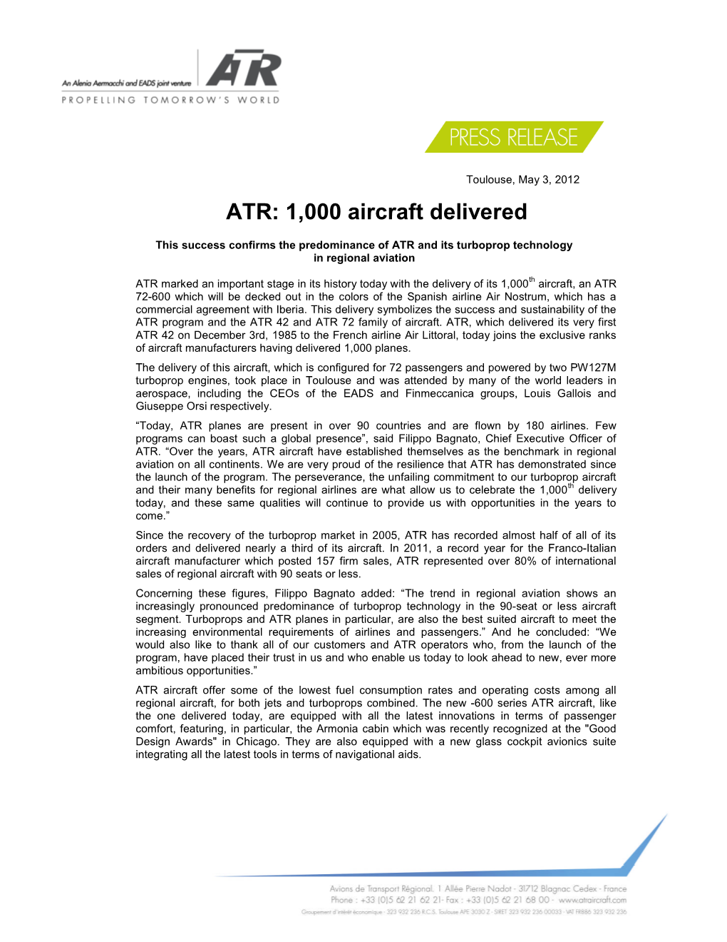 ATR: 1,000 Aircraft Delivered