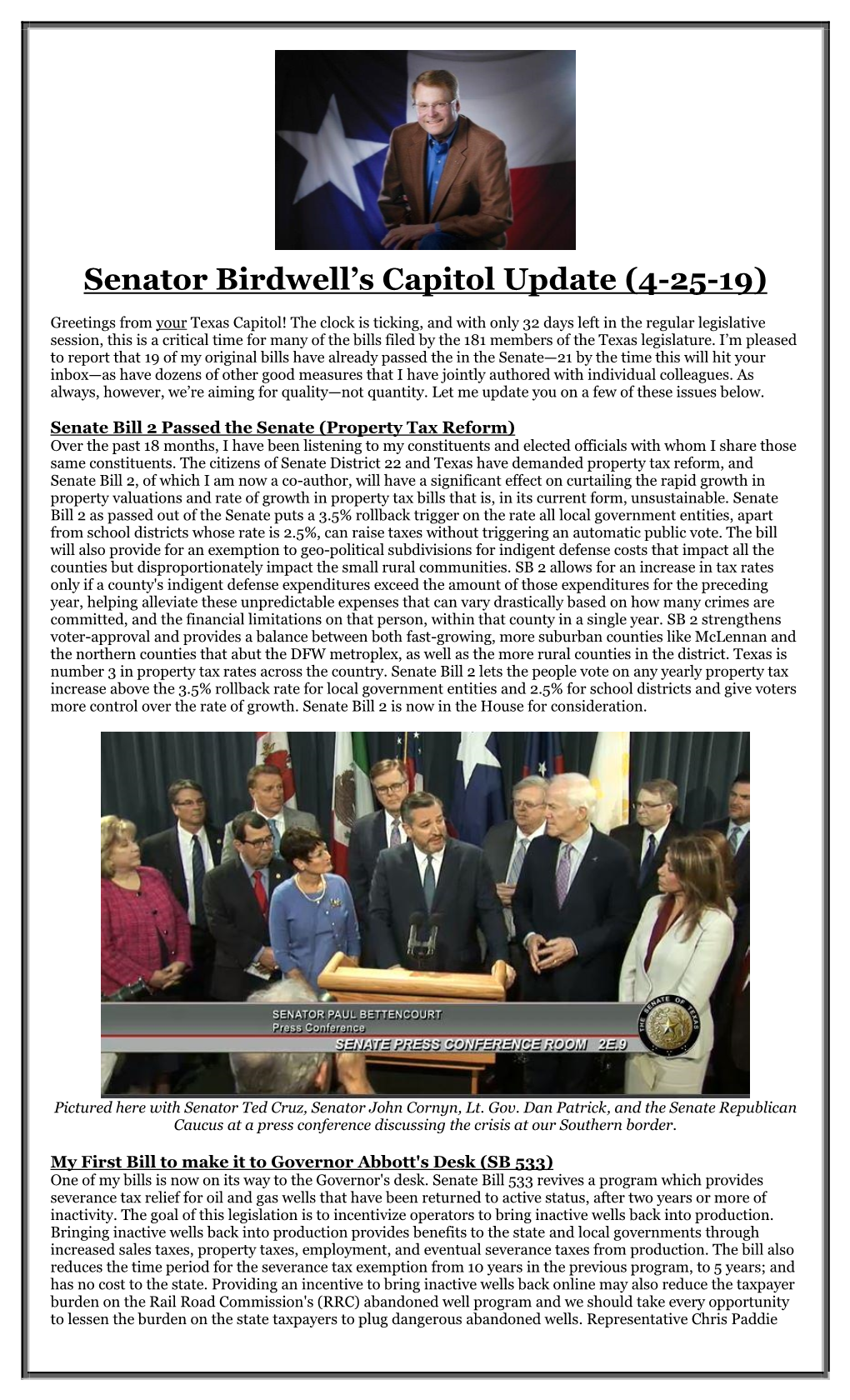 Senator Birdwell's Capitol Update (4-25-19)