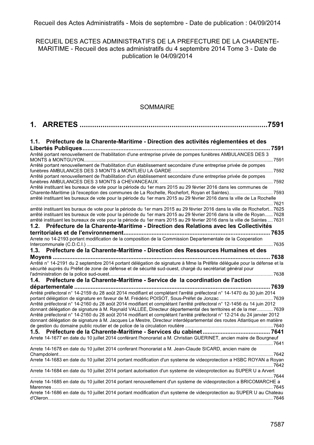 Recueil Des Actes Administratifs - Mois De Septembre - Date De Publication : 04/09/2014