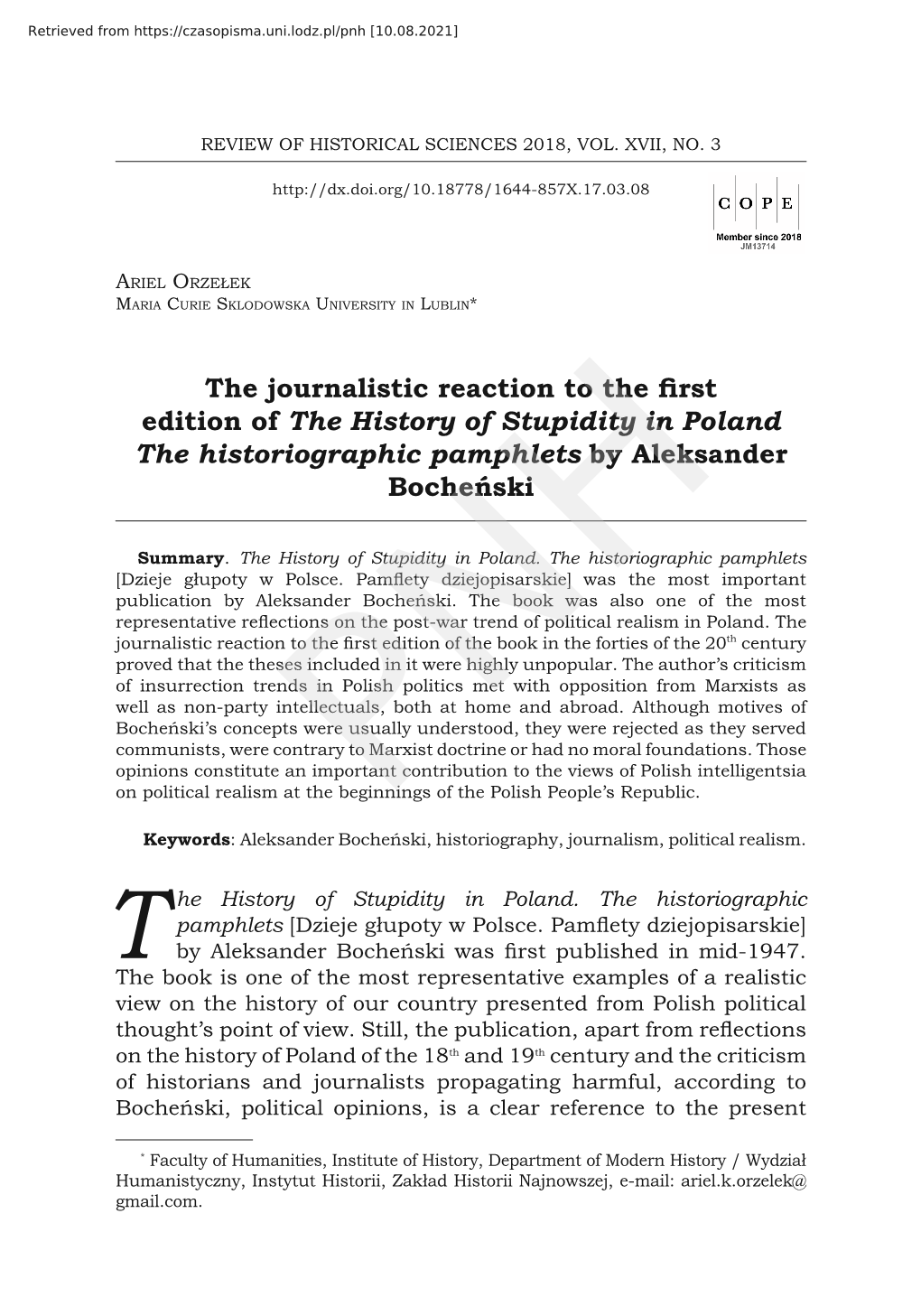 The Journalistic Reaction to the First Edition of the History of Stupidity in Poland the Historiographic Pamphlets by Aleksander Bocheński