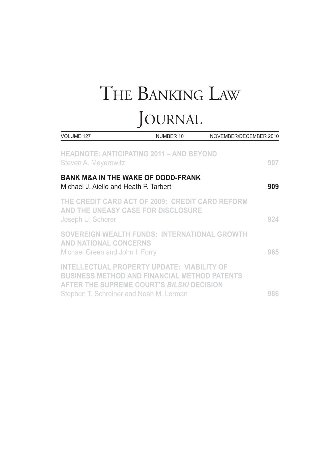 The Banking Law Journal Volume 127 Number 10 November/December 2010