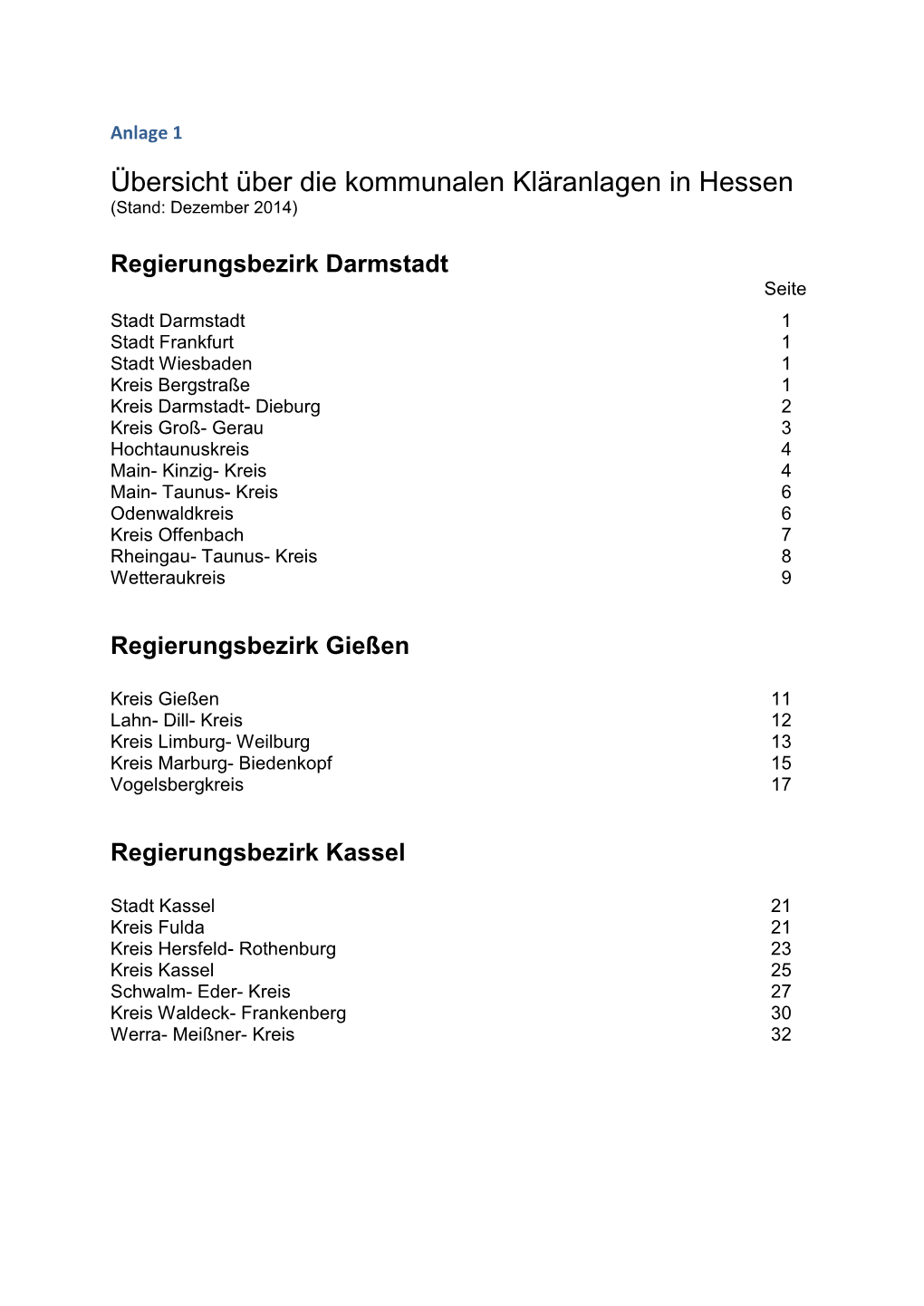 Übersicht Über Die Kommunalen Kläranlagen in Hessen (Stand: Dezember 2014)