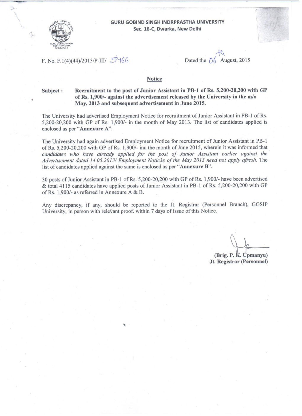 List of Candiates Applied for the Post of Jr. Assistant (03.06.2015)