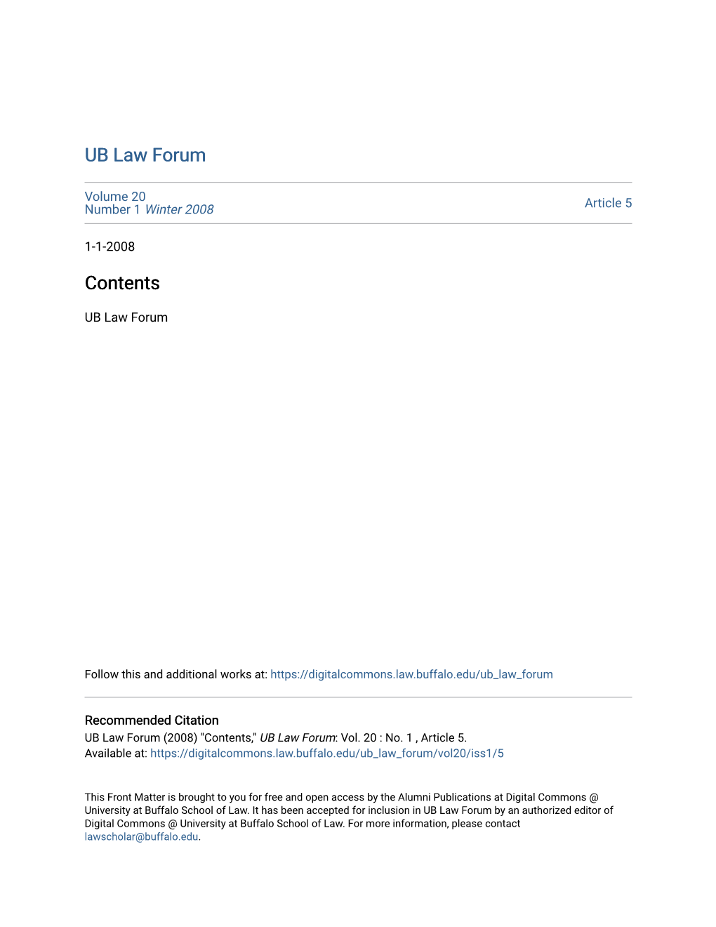 UB Law Forum Contents