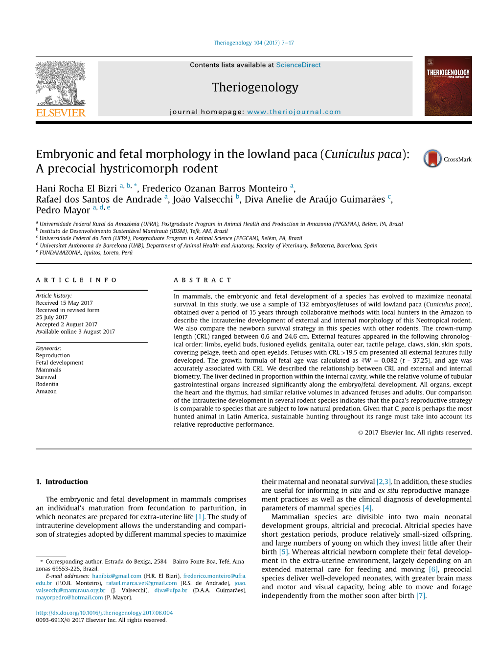 Embryonic and Fetal Morphology in the Lowland Paca (Cuniculus Paca): a Precocial Hystricomorph Rodent