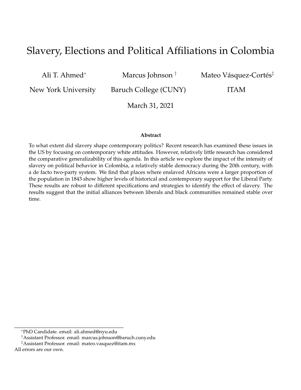Slavery, Elections and Political Affiliations in Colombia