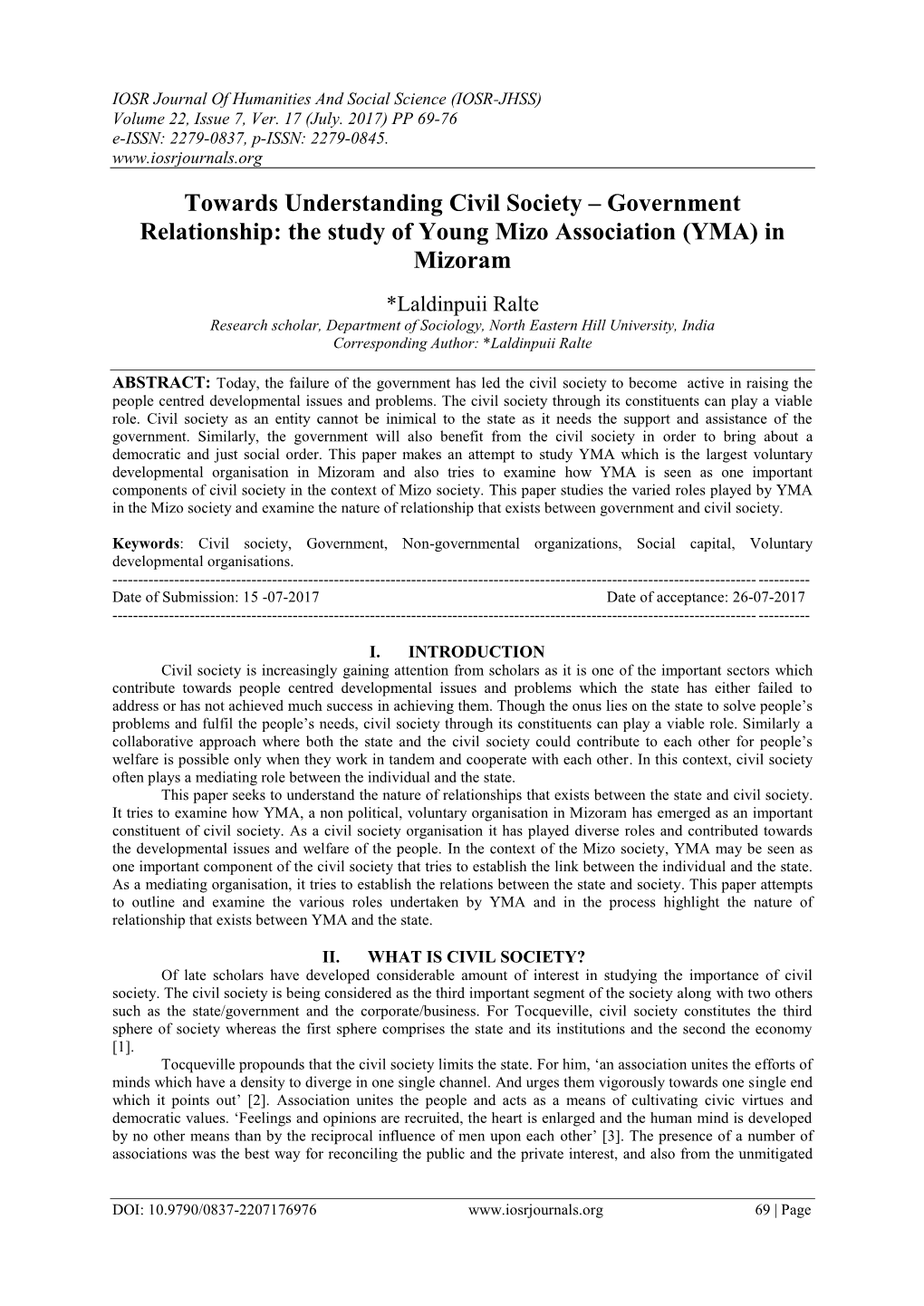 Towards Understanding Civil Society – Government Relationship: the Study of Young Mizo Association (YMA) in Mizoram