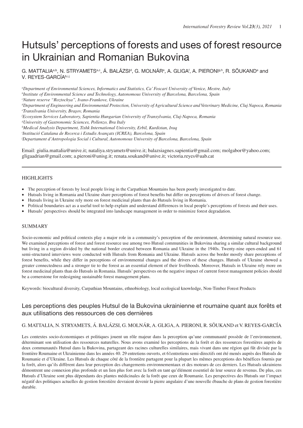 Hutsuls' Perceptions of Forests and Uses of Forest Resource in Ukrainian