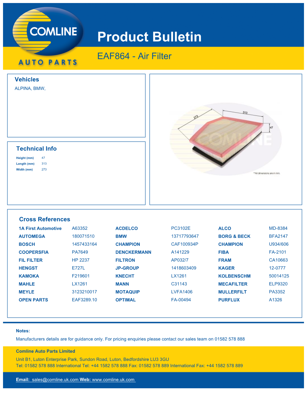 Product Bulletin EAF864 - Air Filter