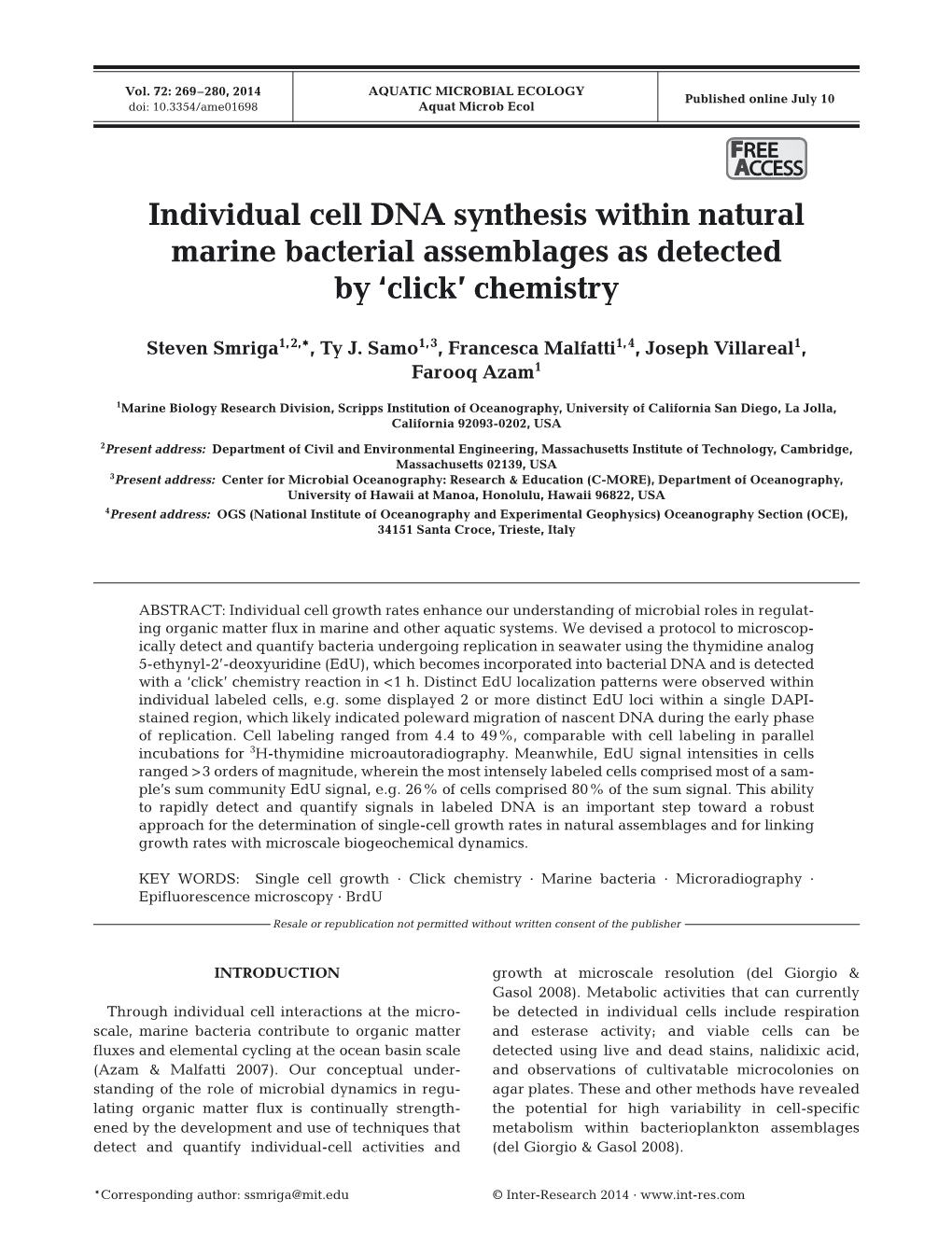 Individual Cell DNA Synthesis Within Natural Marine Bacterial Assemblages As Detected by ‘Click’ Chemistry