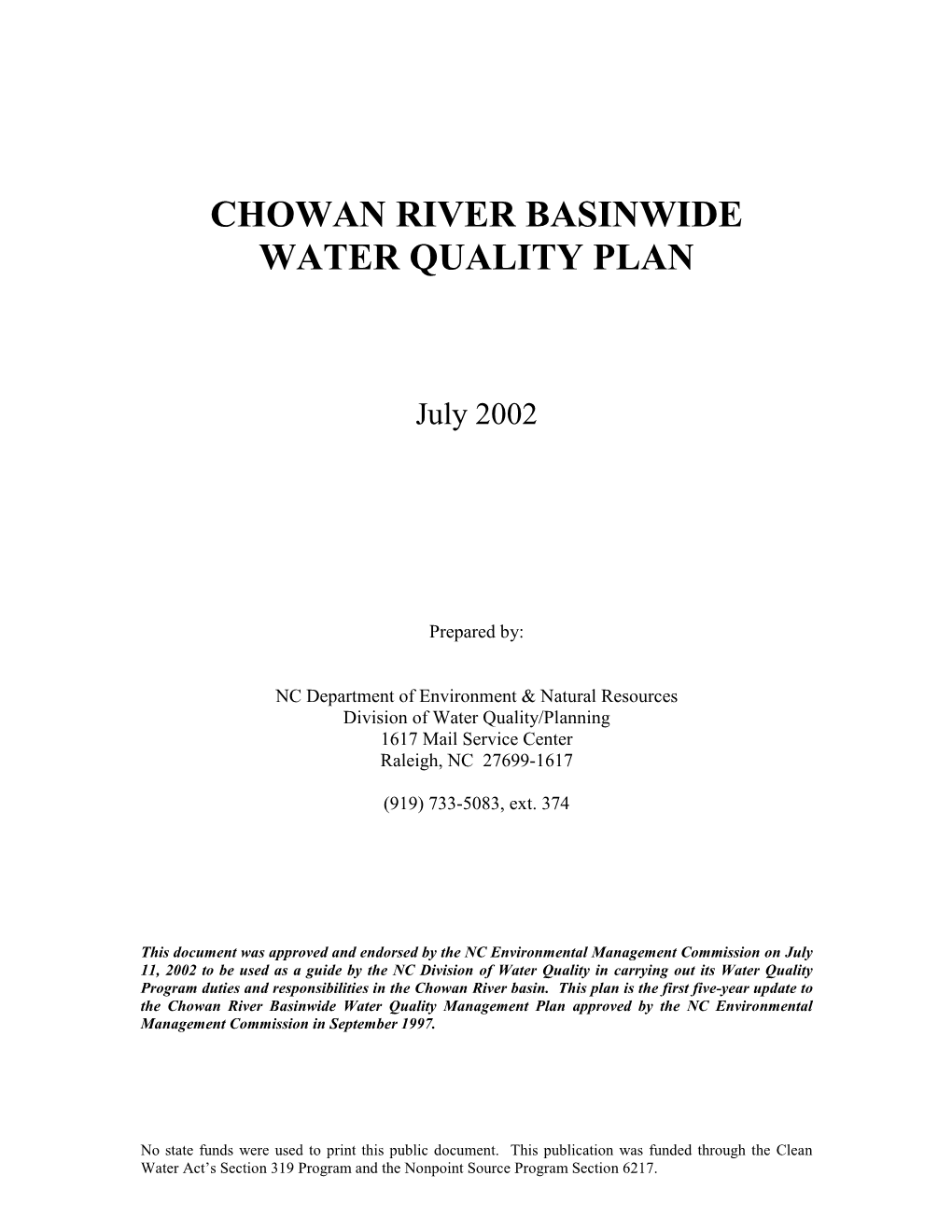 Chowan River Basinwide Water Quality Plan