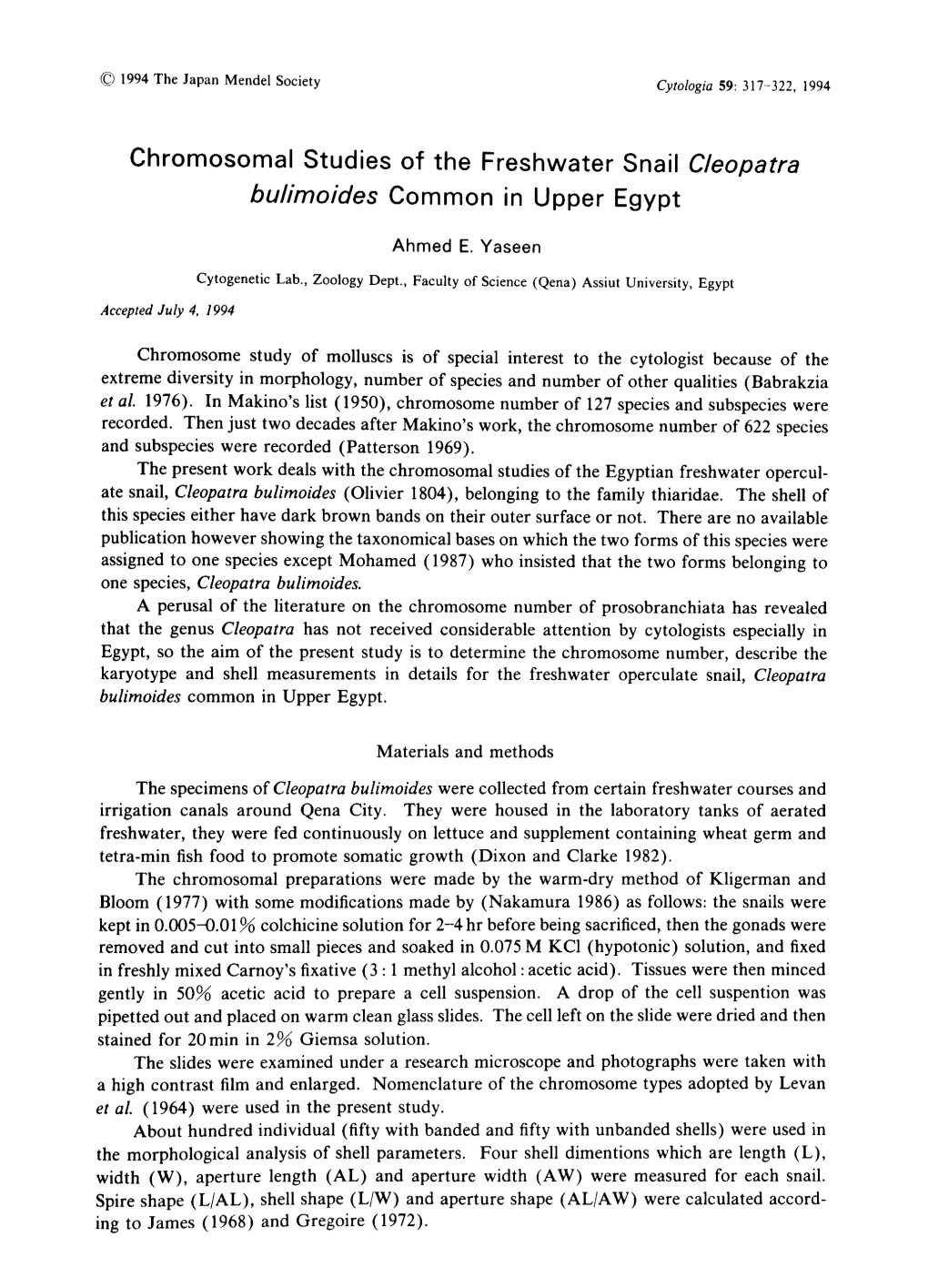 Chromosomal Studies of the Freshwater Snail Cleopatra Bulimoides Common in Upper Egypt