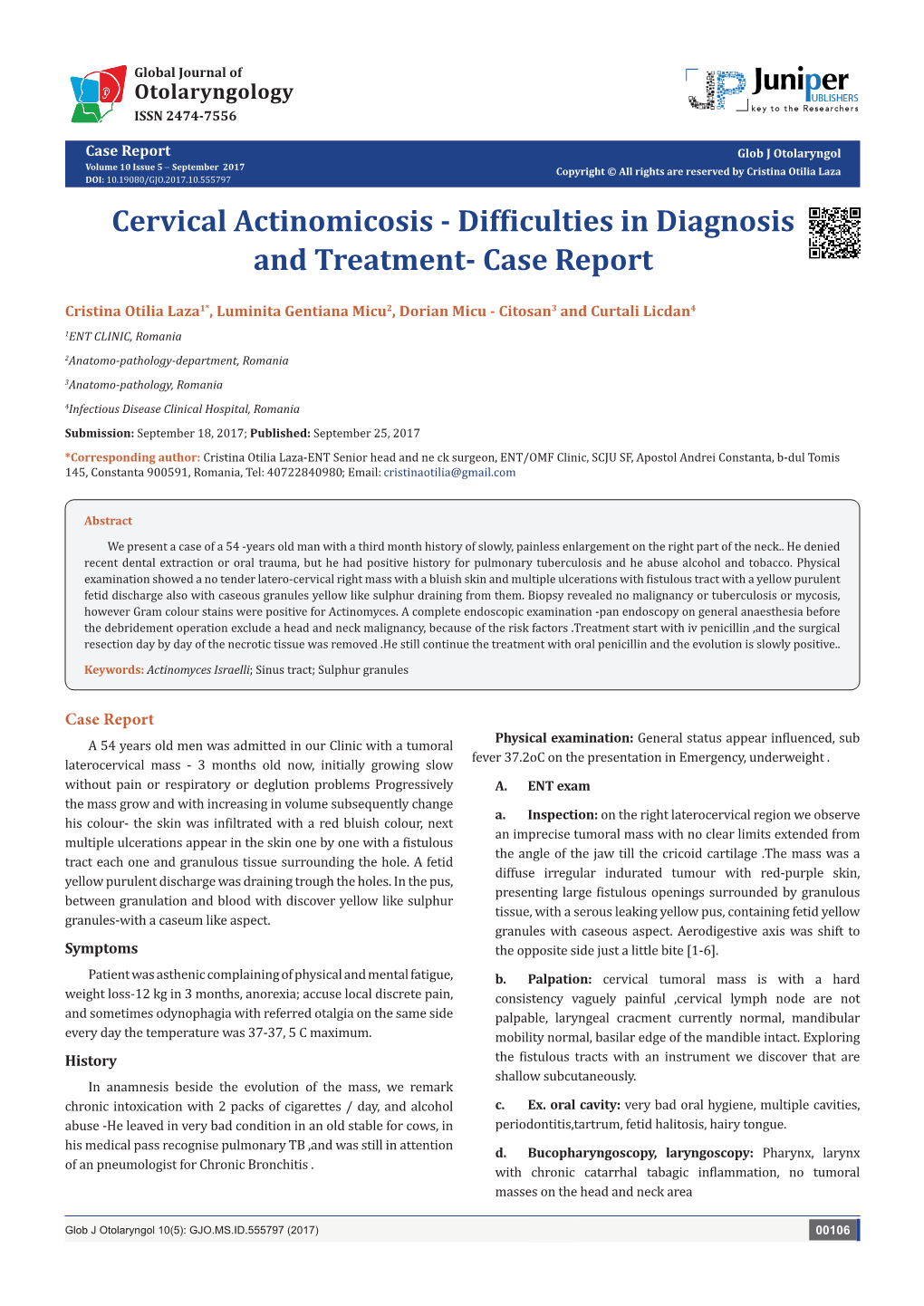 Cervical Actinomicosis - Difficulties in Diagnosis and Treatment- Case Report