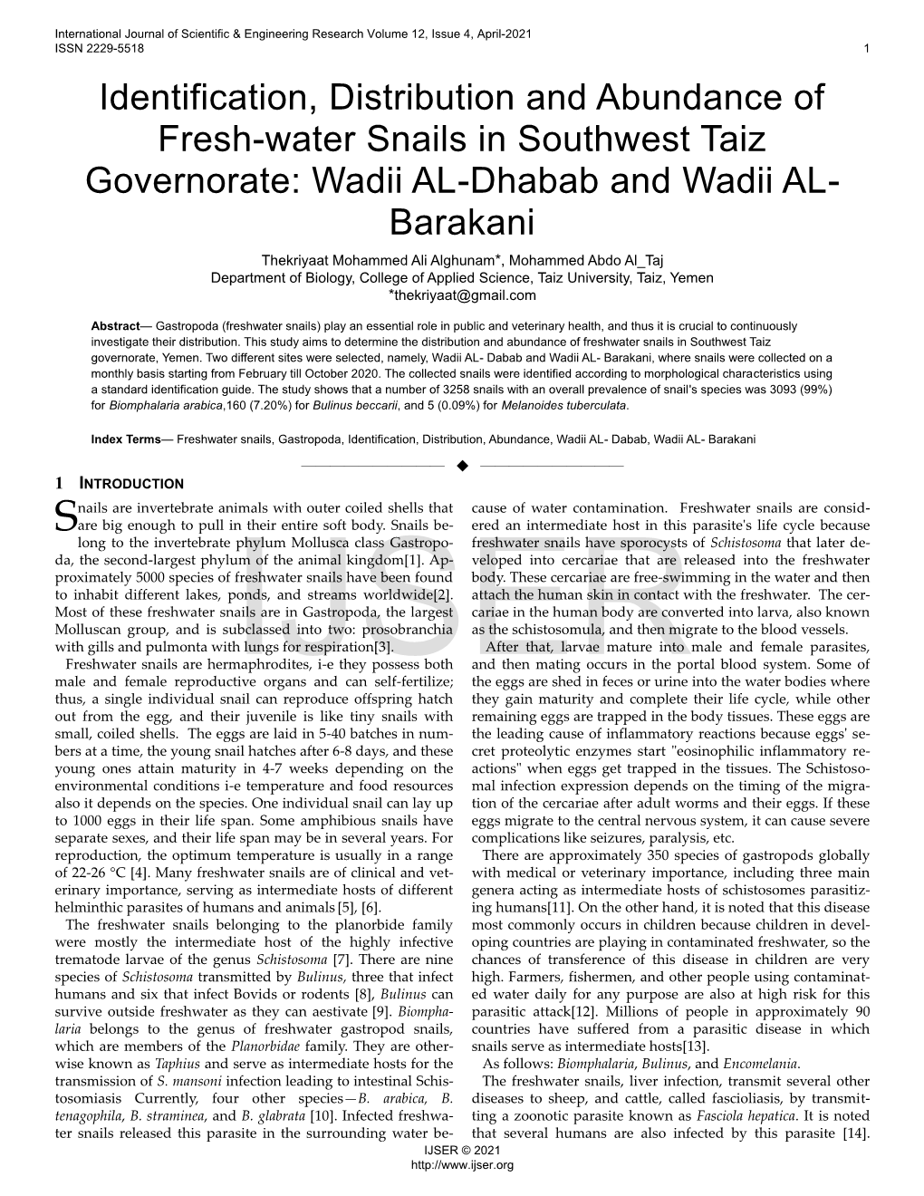 Identification, Distribution and Abundance of Fresh-Water