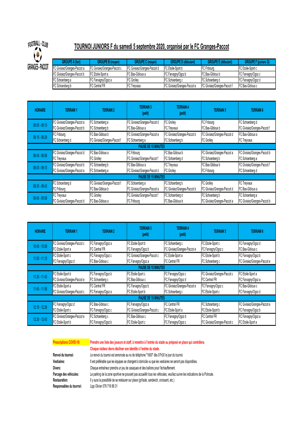 TOURNOI JUNIORS F Du Samedi 5 Septembre 2020, Organisé Par Le FC Granges-Paccot