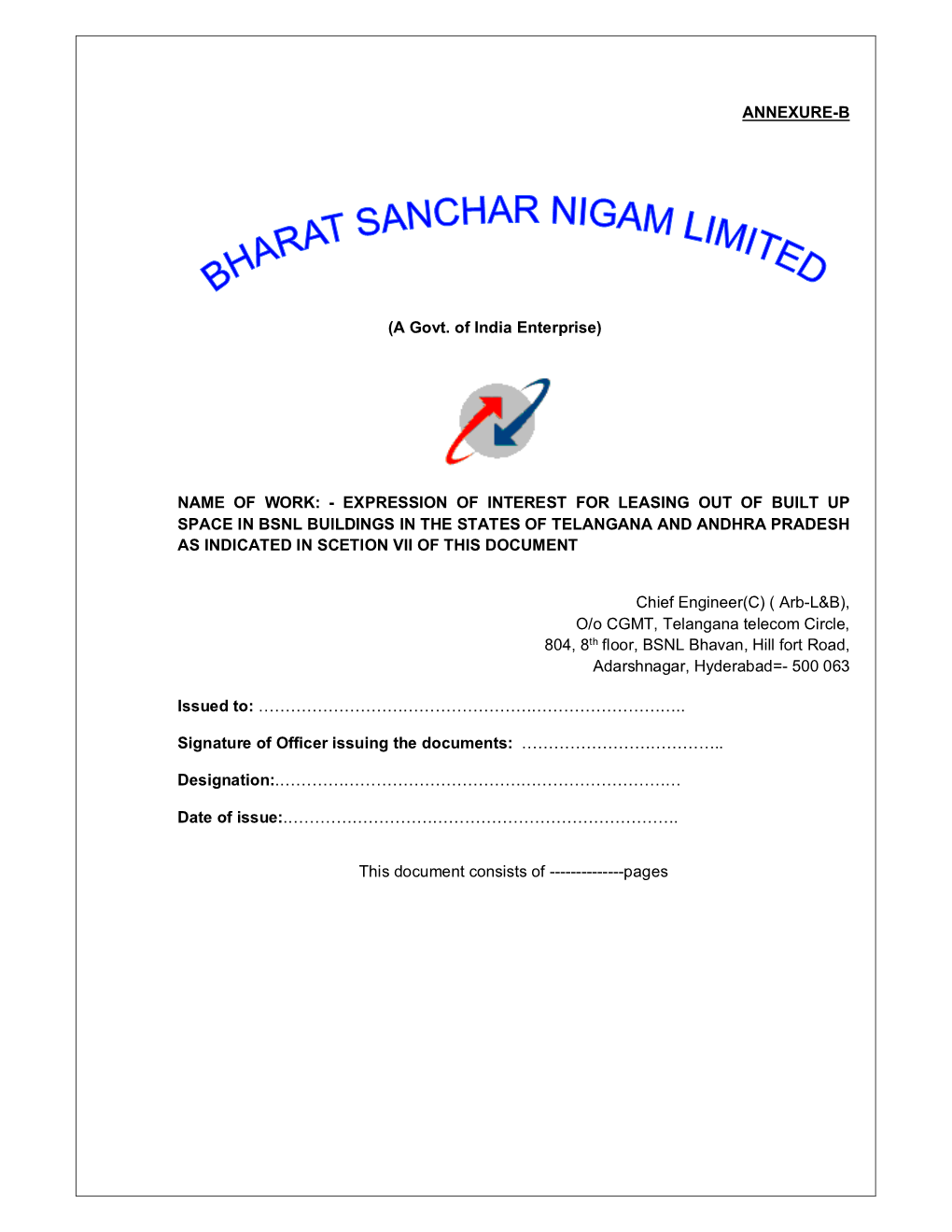 Expression of Interest for Leasing out of Built up Space in Bsnl Buildings in the States of Telangana and Andhra Pradesh As Indicated in Scetion Vii of This Document