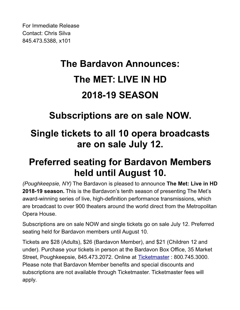 The Bardavon Announces: the MET: LIVE in HD 2018-19 SEASON